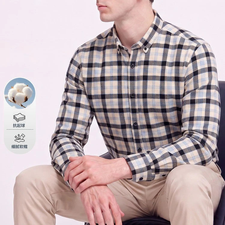 Men's 100% Cotton Brushed Plaid Long Sleeve Shirt – Soft Flannel Casual Button-Down for Outdoor & Daily Wear