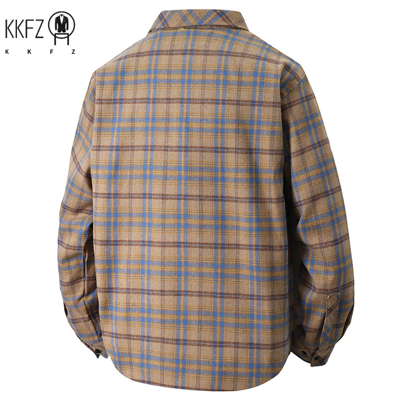Soft Breathable Check Pattern Shirt Loose Fit Turn Down Collar Pocket Label Autumn Daily Men Casual Outer Blouse
