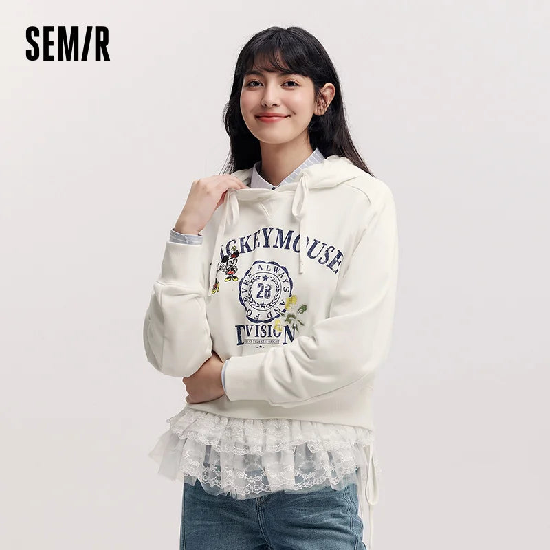 Semir Retro Hoodie Women Spring Short Patterned Loose Hooded Unique Design Casual Fashion Comfortable Daily Wear Top