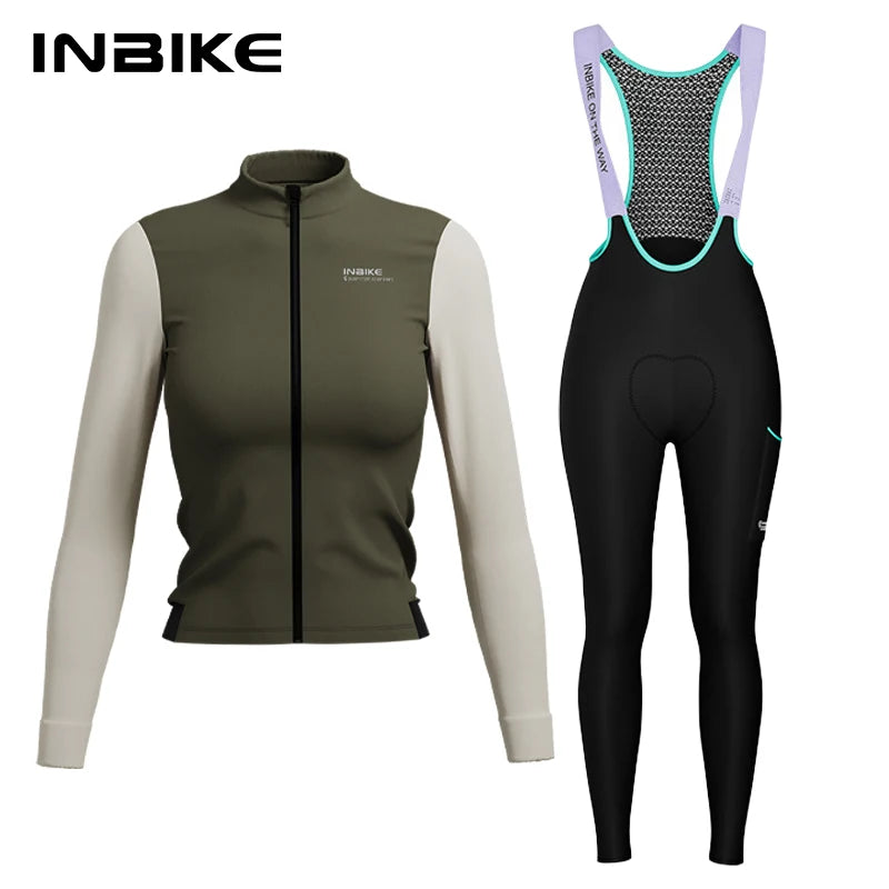 INBIKE Women’s Winter Fleece Thermal Cycling Set Long Sleeve Jersey and High Waist Bib Pants with Multi-Pockets for Road Bike