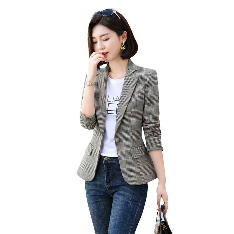 2026 Women's Gray Striped Plaid Suit Jacket, Asian Sizes Slim-Fit Coats, V-Neck Single Button Ladies Blazers S-XXXXXL