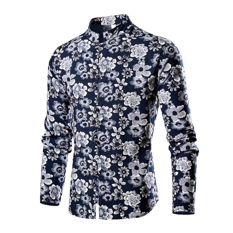 Chinese Style Men's Red Stand-up Collar Long-sleeved Shirt, Single-breasted Printed Shirts, Fashion Casual Camisas. New 2026