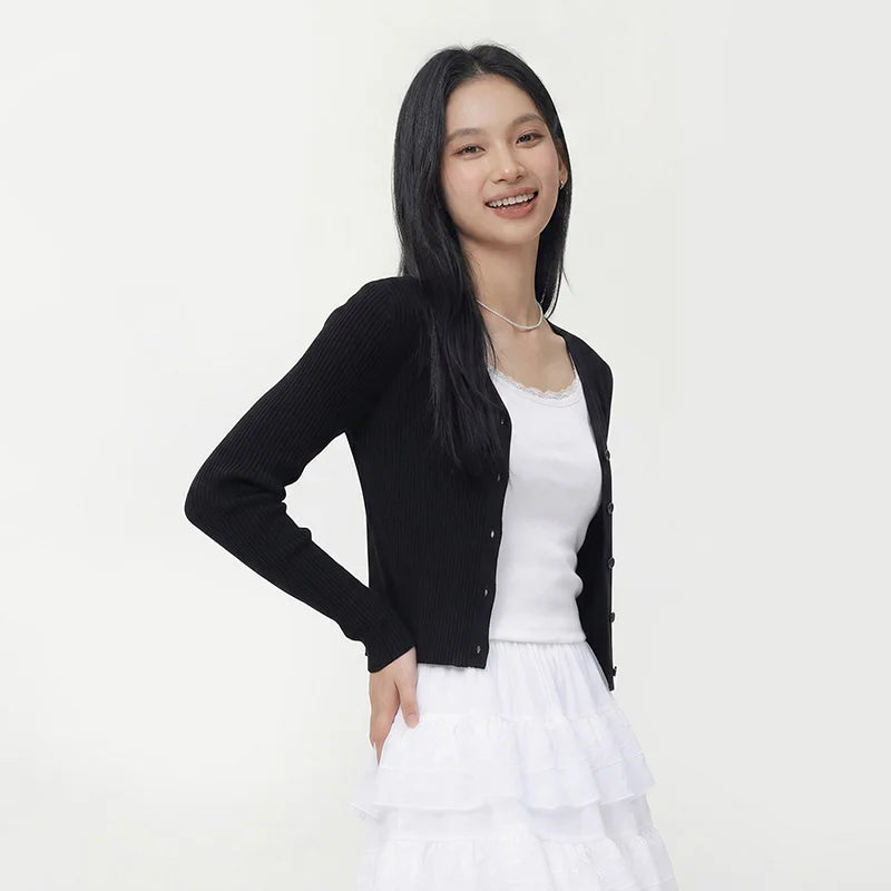 Semir Women Cardigan Short Slim Solid Lace V Neck Regular Shoulder Simple Layered Top 2026 Soft Breathable Fashion Wear