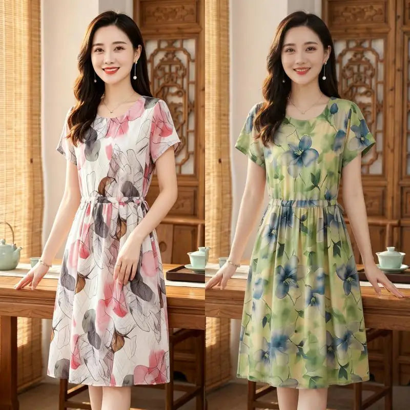 រ៉ូបផ្ការដូវក្តៅ O-Neck Midi រ៉ូបសម្រាប់នារីទាន់សម័យ ឈុតឆ្នេរខ្សាច់បែបសាមញ្ញ រ៉ូប Bodycon សម្រាប់ពិធីជប់លៀង និងពិធីជប់លៀង