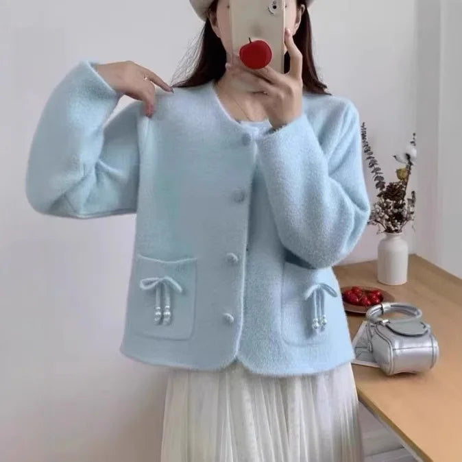 Sweet Bow Pocket Coat Women's Autumn and Winter New Imitation Mink Velvet Knitted Cardigan Jacket Short Sweater Top Cropped