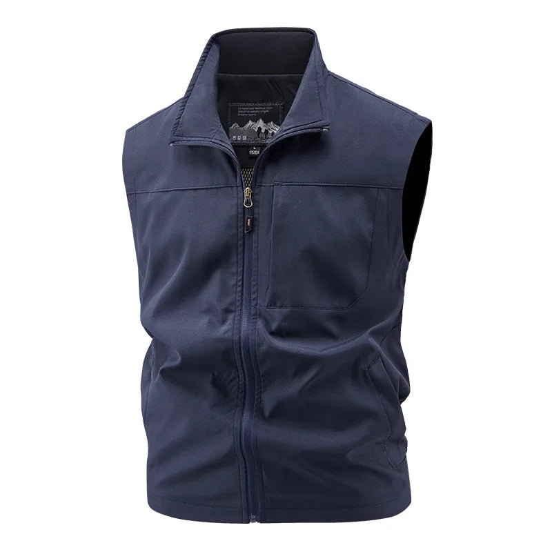 Men's Red Sleeveless Vest Jacket, Perfect for Summer Fishing or Casual Wear, Available in Blue, Black, Green, Beige, and Gray.