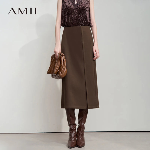AMII សំពត់ពណ៌ត្នោតសម្រាប់នារីៗ រដូវស្លឹកឈើជ្រុះ ឆ្នាំ២០២៥ រចនាបថ Retro Brushed Twill Side Slit សំពត់ Midi សម្រាប់នារីការិយាល័យ សម្លៀកបំពាក់នារី 12543057