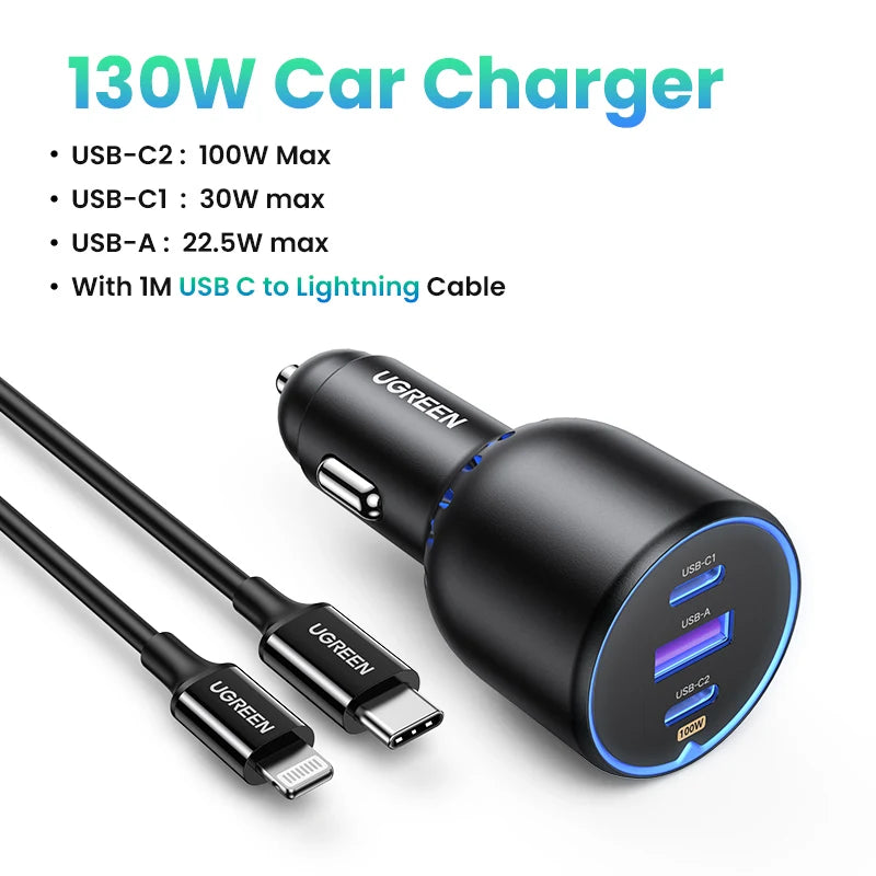 UGREEN 130W USB C Car Charger For Xiaomi iPhone 18 Samsung Galaxy S25 Laptops Tabet PD3.0 Fast Charging USB Type C Car Charger