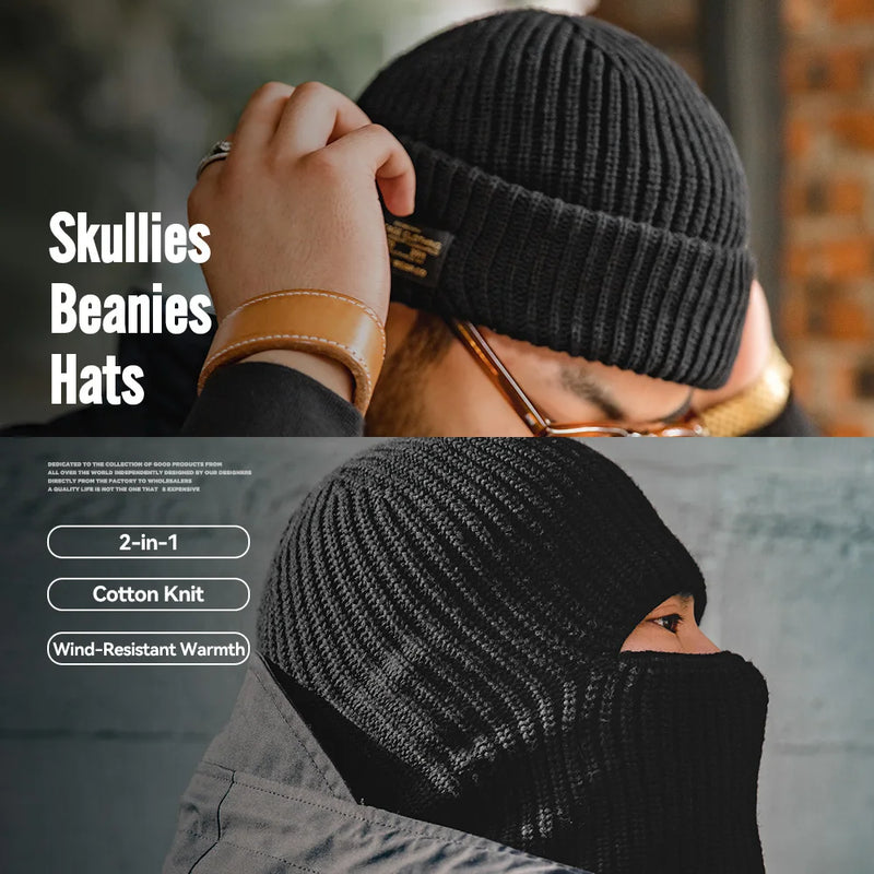 Maden Men's Winter Skullies Beanies Hats Black Knitted Cotton-Blend Scarf Caps Balaclava Mask Gorras Bonnet Thick Warm Handmade