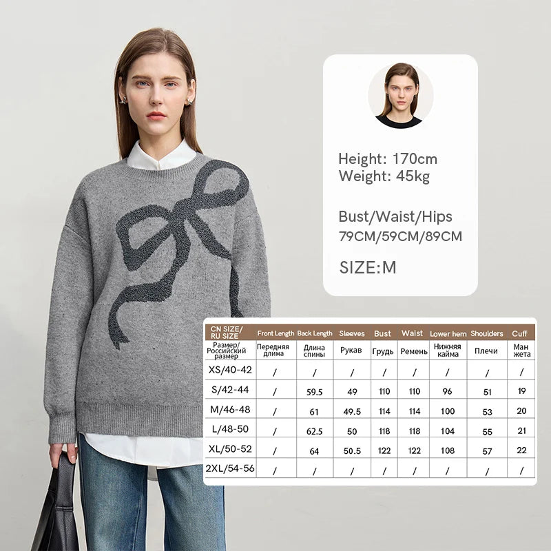 Amii Women's Sweater 2026 Winter New Casual Versatile Thicken Bow Jacquard Sweater Loose Knit Women's Long Sleeve Top 12544171