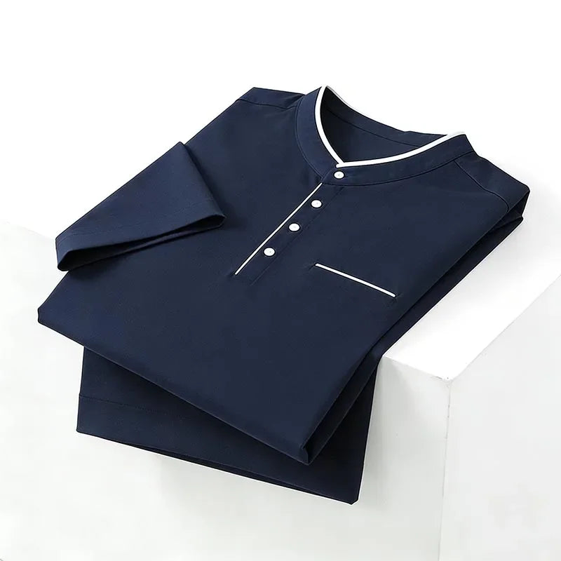 2026 New Men's Navy Blue Stand Collar Long Sleeve Polo Shirt Office Business Commute Top