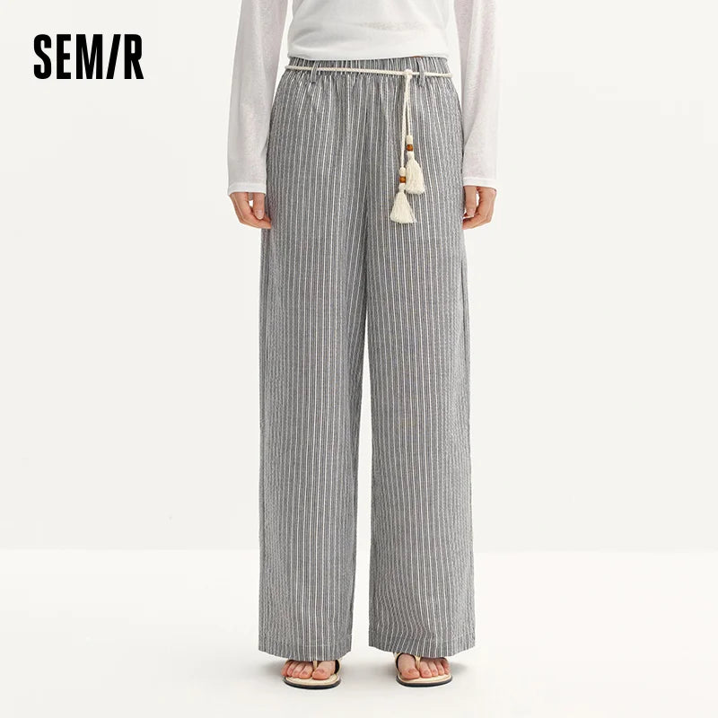 Semir Women Pants Striped 2026 Soft Drape Wide Leg Belted Urban Casual Everyday Style Soft Comfortable Daily Wear Trendy