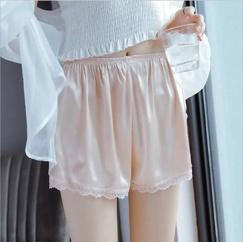 Lotus Leaf Edge Anti-light Leggings Safety Pajama Pants Women's Three-point Pants One Piece Hair-proof Silk Sleepwear Bottoms
