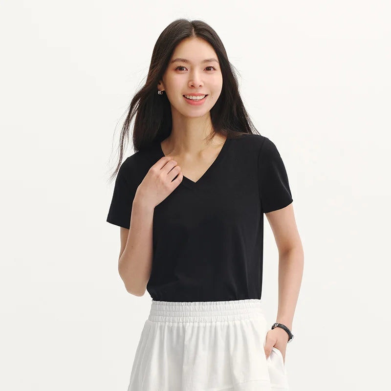 Semir Womens Tshirt 2026 Solid Color V Neck Regular Shoulder Moisture Wicking Quick Dry Antibacterial