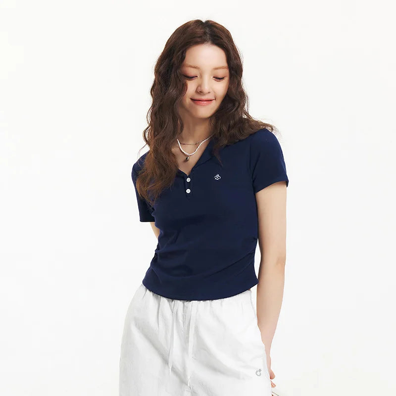 Semir Polo Shirt Women Cropped Blazer Collar 2025 New Summer Embroidered Cool Feeling Slim Fit Top Slimming for Chic Outfits