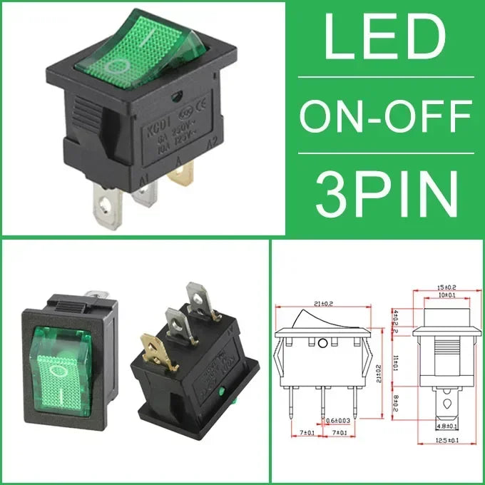កុងតាក់រ៉កឃ័រ KCD1 ចំនួន 30 ដុំ – កុងតាក់បើក-បិទថាមពលទូក និងរថយន្ត 2/3/4 ម្ជុល, 6A/250V 10A/125V AC, ខ្មៅ/ក្រហម/បៃតង, ម៉ោនបន្ទះ 15x21mm