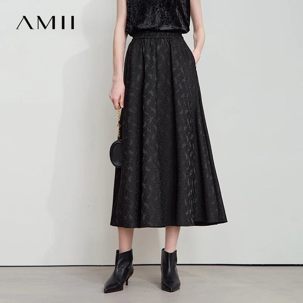 AMII សំពត់ខ្លីពណ៌ខ្មៅរាងអក្សរ A សម្រាប់រដូវស្លឹកឈើជ្រុះឆ្នាំ ២០២៦ សម្រាប់នារី រចនាបថប្រណីត ចរឆើតឆាយ ចង្កេះយឺត សំពត់ផ្លូវការសម្រាប់នារី 12523037
