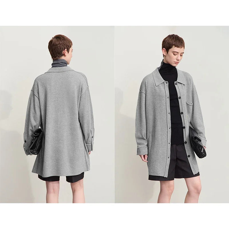 អាវក្រៅ Amii Minimalism រដូវស្លឹកឈើជ្រុះឆ្នាំ ២០២៤ សម្រាប់ស្ត្រី Lapel Drop Shoulder Shirt អាវប៉ាក់វែងរលុងសម្រាប់ Streetwear អាវយឺតនារី 12453071