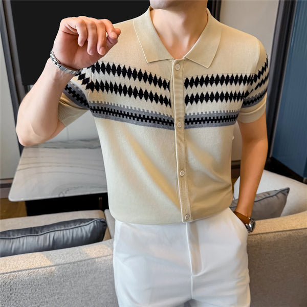 Short Sleeve Cardigan Men | Fair Isle Print Polo Collar Summer Thin Knit Sweater | Breathable Soft Casual Top