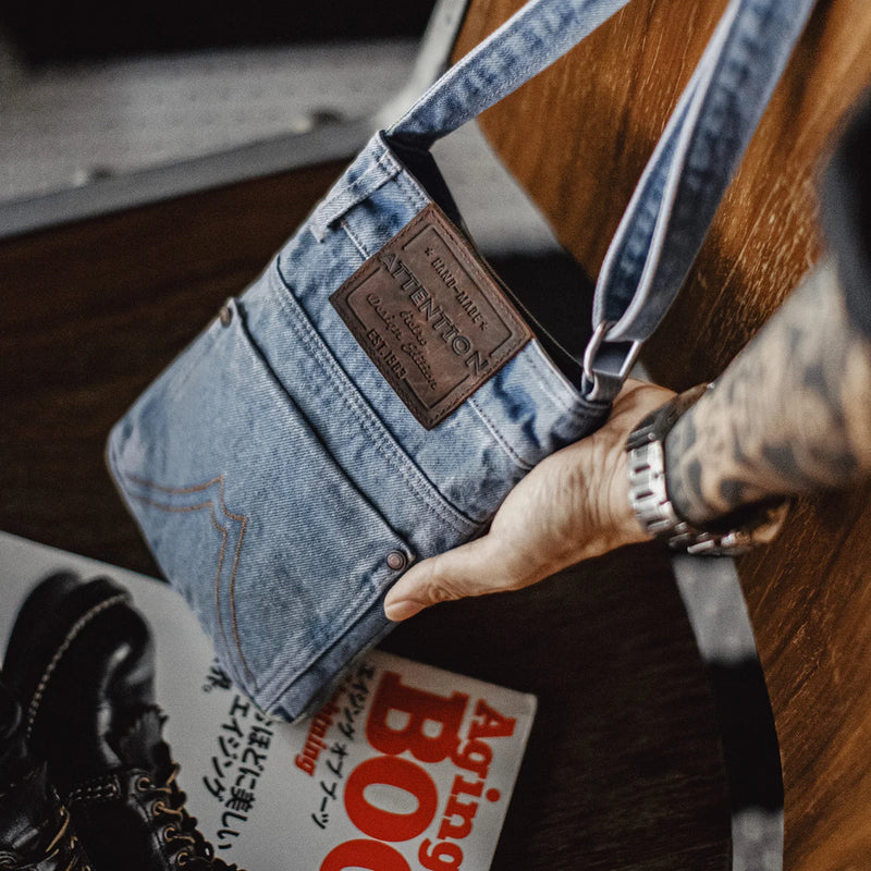 Maden Vintage Washed Blue Denim Crossbody Bag Unisex Canvas Messenger Bag Commuter Shoulder Tote & Coin Purse for Daily Use