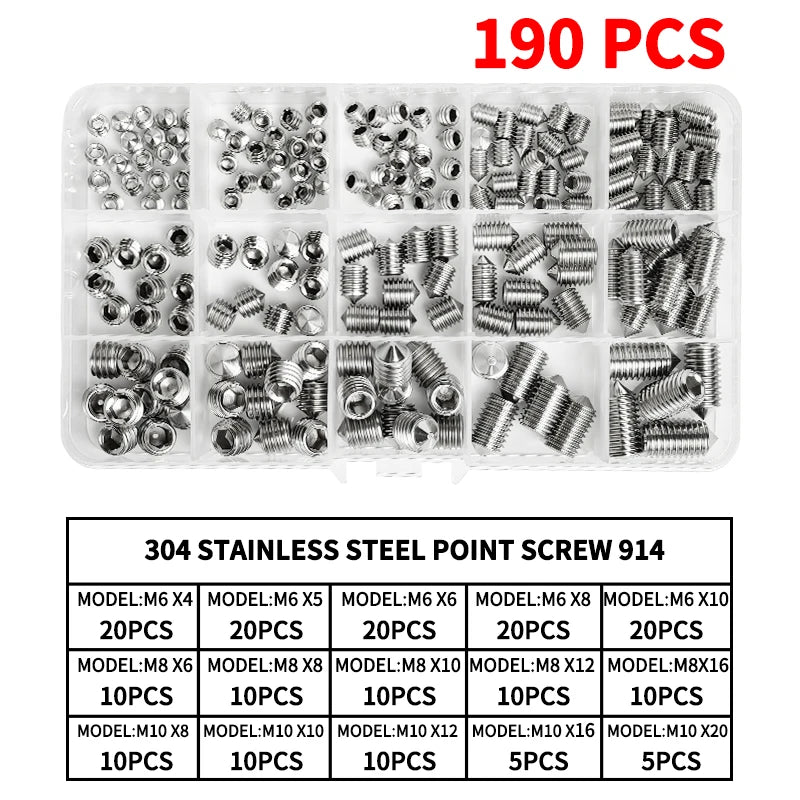 DIN914 304 -Stainless Steel Hex Socket Point Grub Screws M3 M4 M5 M6 M8 M10 Assortment Kit - High Hardness Fasteners Set