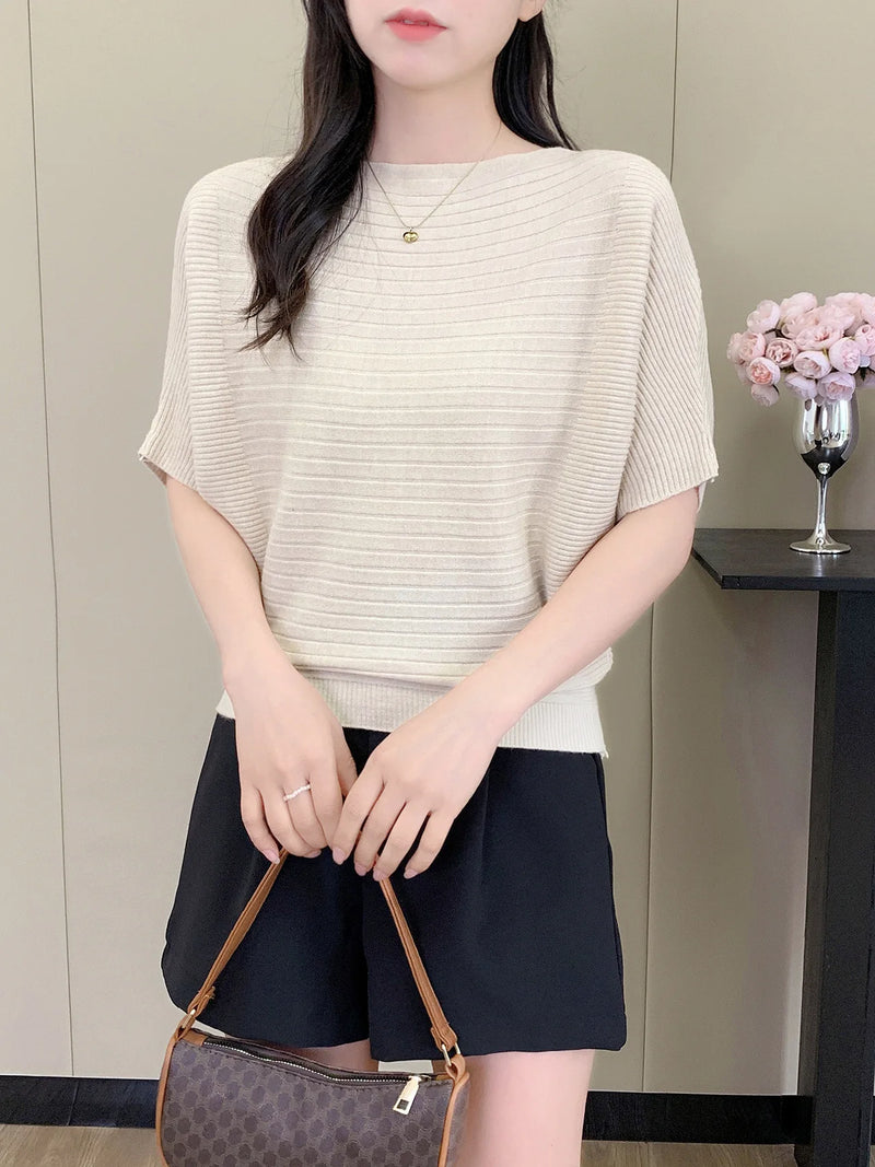 Female Jumper Korean Short Knitted Sweater One-word Collar Top Women's Five-quarter Sleeves Spring Autumn Pullover Shirt