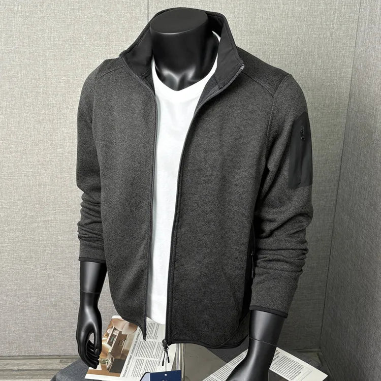 Outdoor Thermal Jacket - 3D Tailored Knit Cardigan with Fleece-Lined Windproof Stand Collar, Reversible Dual-Purpose Wear