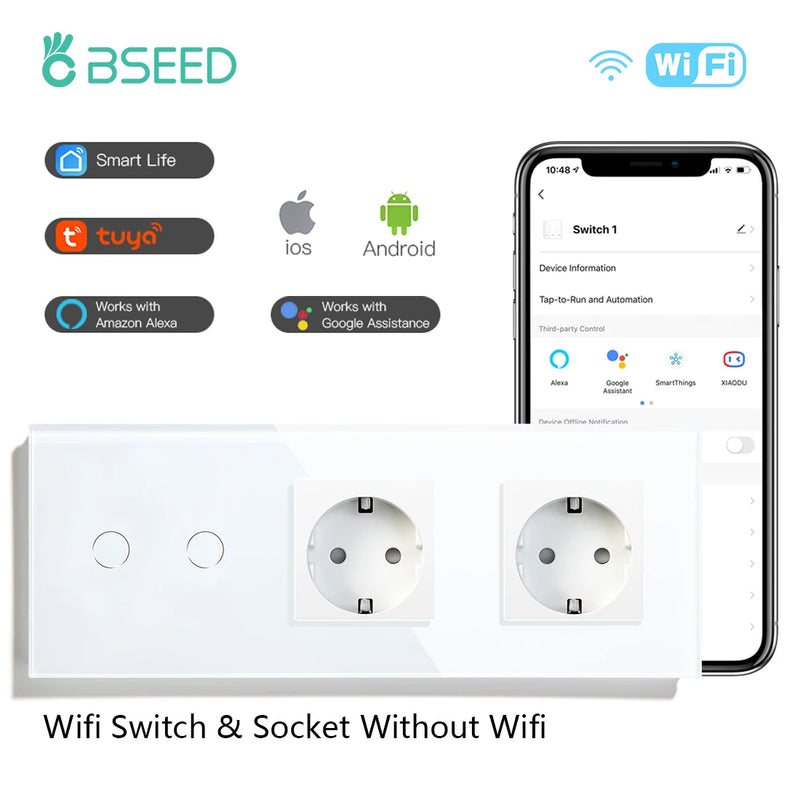 BSEED EU Standard Wifi Wall Switch 1/2/3Gang 1/2/3Way Smart Touch Light Switches Wall Socket Outlets Google Alexa Tuya Control