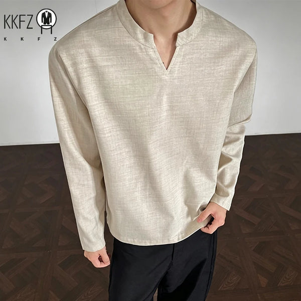 Mens Long Sleeve V Neck Mandarin Collar Shirt Linen Weave Fabric Loose Silhouette For Daily Occasions