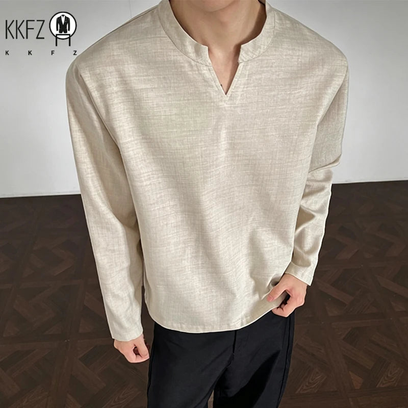 Mens Long Sleeve V Neck Mandarin Collar Shirt Linen Weave Fabric Loose Silhouette For Daily Occasions