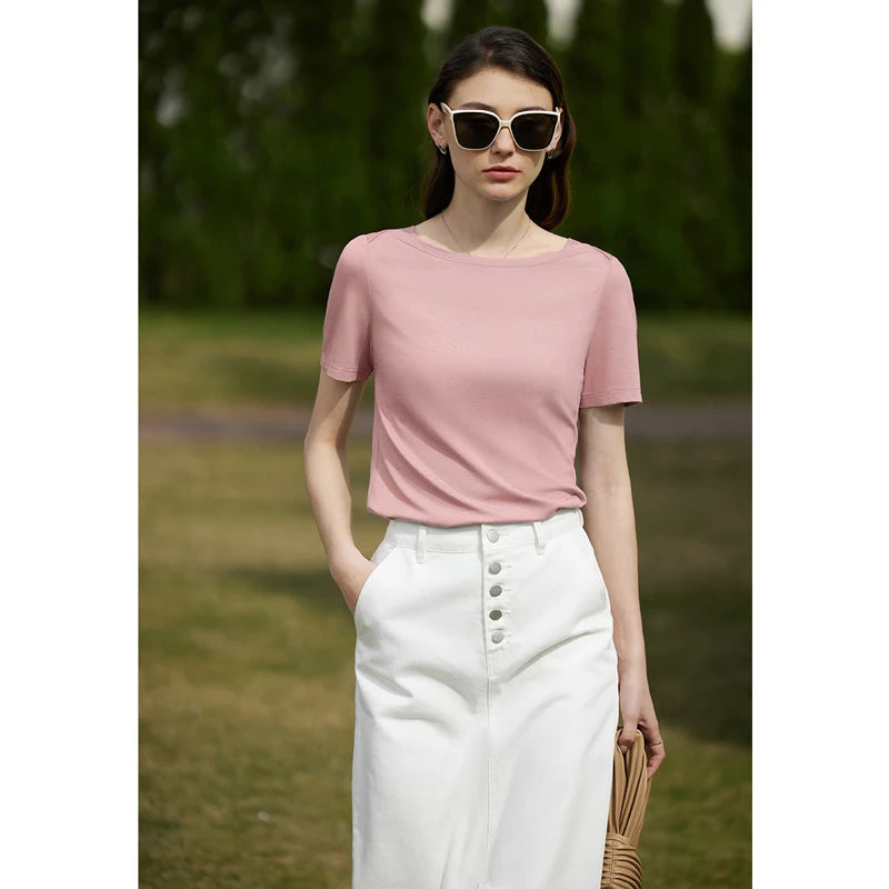 Amii Minimalism 2026 Women T-shirt Summer New Simple One-line Collar Cotton Short-sleeve Female Solid Color Casual Tops 12422177