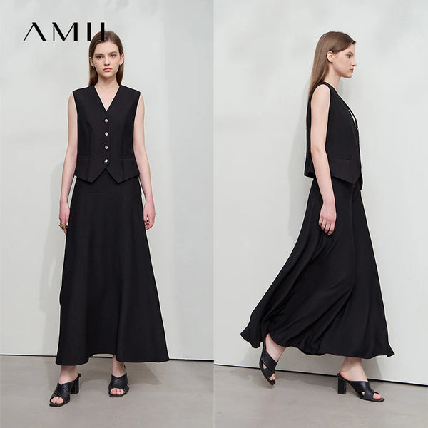 AMII សំពត់នារី Minimalist រដូវក្តៅ Luxur Office Lady Solid Combination Twill A-Line Elegant MIdi Skirt Female Clothing12542278