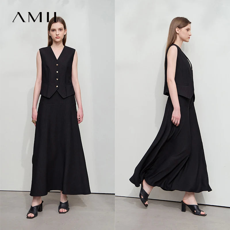AMII សំពត់នារី Minimalist រដូវក្តៅ Luxur Office Lady Solid Combination Twill A-Line Elegant MIdi Skirt Female Clothing12542278
