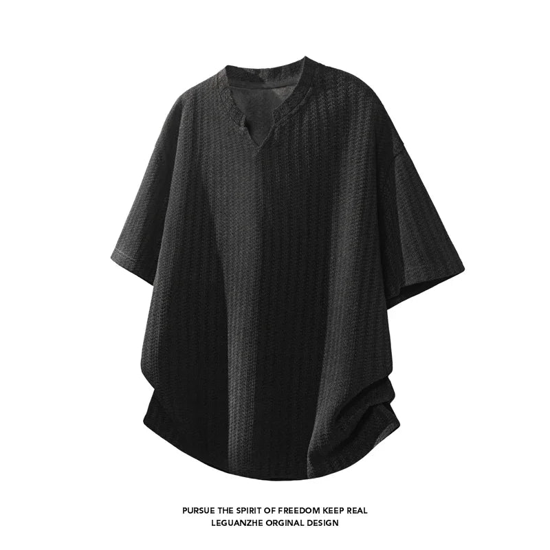 Mens Striped Textured Knit Short Sleeve Top Notched Collar Oversized Cutting Suitable For Vacation Dating And Casual Scenes