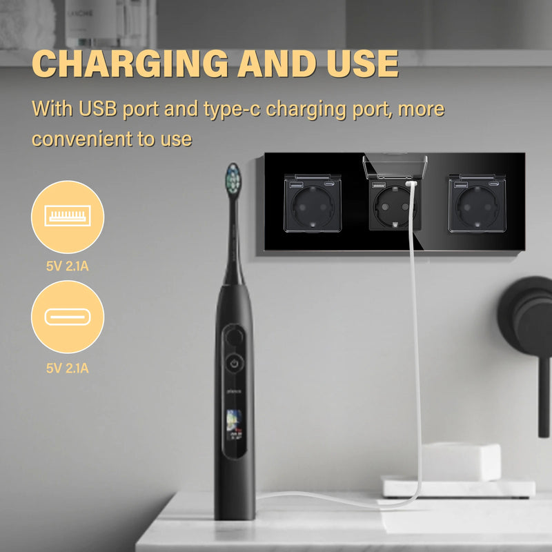 BSEED EU Standard Single Power Socket With Waterproof Cover Double USB Type-C Outlets Triple Plugs 16A Glass Panel 110-250V