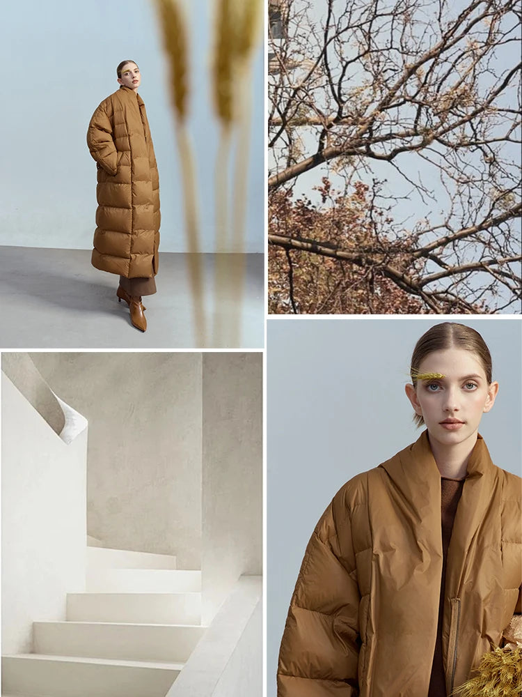អាវធំ Amii Long Down Coats 2025 ថ្មីក្តៅជាមួយខ្សែក្រវ៉ាត់ Down Jacket អាវក្រៅរដូវរងារបស់ស្ត្រី V-Neck ដៃវែងក្រាស់ 12424002
