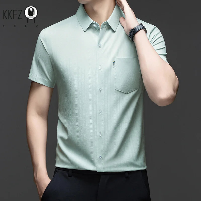 Mens Short Sleeve Shirt Casual Regular Fit Button Up Lapel Collar With Pocket Soft Breathable For Business Weekend Wear
