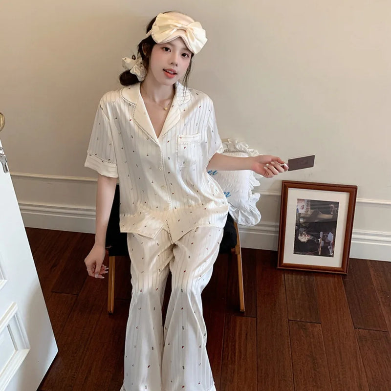 2PCS/Set Summer Pyjamas Woman Pajamas Elegant Short Sleeve and Long Pants Sleepwear Women's Nightie Homewear Home Nightwear