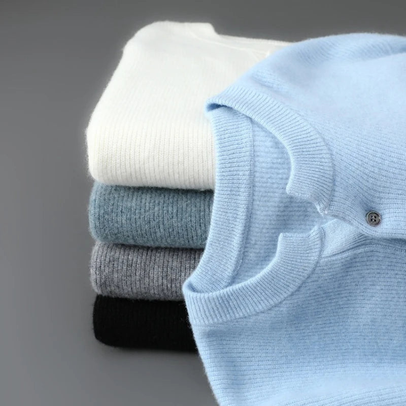 100% Wool Sweater, Round Neck Button Detail, Solid Jacquard Knit, Loose Fit Autumn Winter