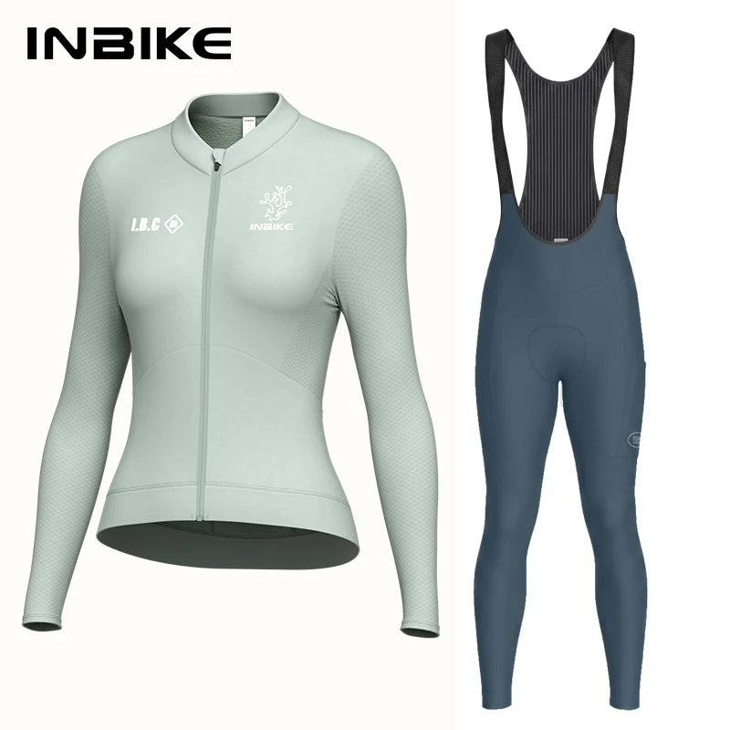 INBIKE Winter Fleece Cycling Jersey Set for Women Sleeve Thermal Top with Pockets Breathable High Waist Bib Pants Bike Clothing