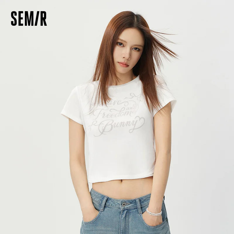 Semir Womens Tshirt 2026 Short Style Slim Printed Mesh Spliced Sweet Fashion Design Casual