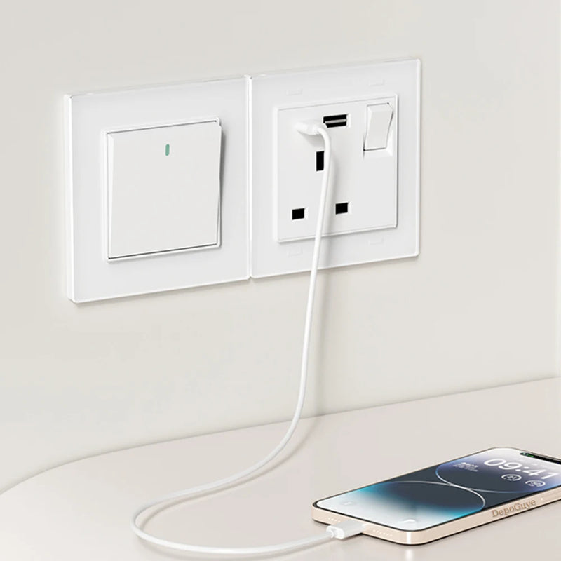 White Universal UK 13A Socket with USB Type-C 18W Fast Charging Wall Socket,Tempered Glass Button Light Switch,Dual 3pin Socket