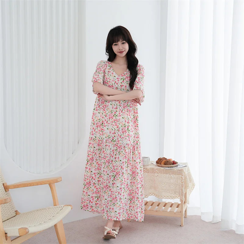 Loose Ladies Nightgowns Causal Night Wears For Women Nightshirt Short Sleeve Printed Nightdress Oversized Cotton Sleep Dress