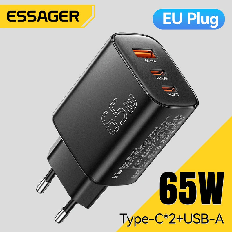 ឆ្នាំងសាក Essager 65W GaN ឆ្នាំងសាក Quick Charge 4.0 USB C សម្រាប់ iPhone 17 16 15 Pro Max កុំព្យូទ័រយួរដៃ Macbook Air ថេប្លេត PD ឆ្នាំងសាកលឿន