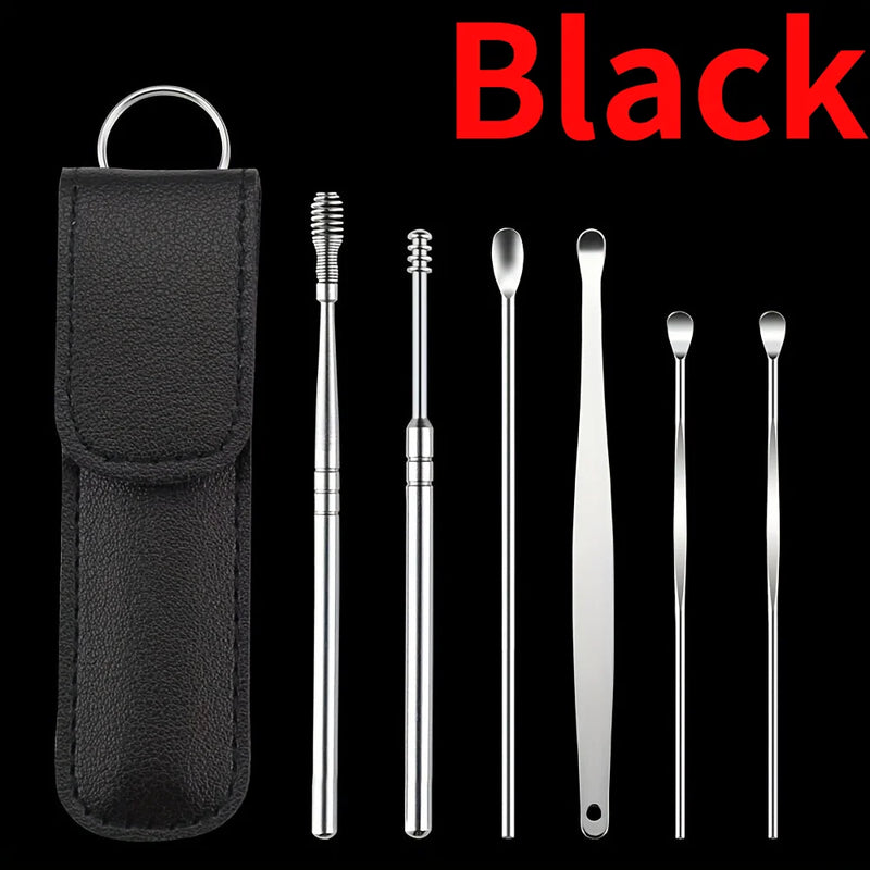 1set Ear Degreaser Tool, Stainless Steel 6 Piece Ear Cleaning Set,Spring Loaded Ear Scoop, Travel Portable Ear Wax Removal Set