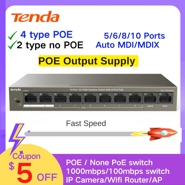 កុងតាក់ Ethernet Tenda POE 5/6/8/10 ច្រក កុងតាក់បណ្តាញលឿន gigabit 100/1000mbps Switcher Hub SOHO Desktop Switch សម្រាប់កាមេរ៉ា IP