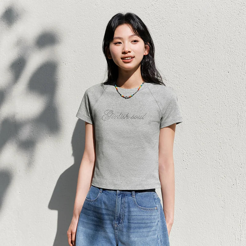 Semir Letter Print Short Sleeve T-Shirt Women Raglan Sleeve Rhinestone Design 2025 Summer Fashion Elegant Top for Party Wear
