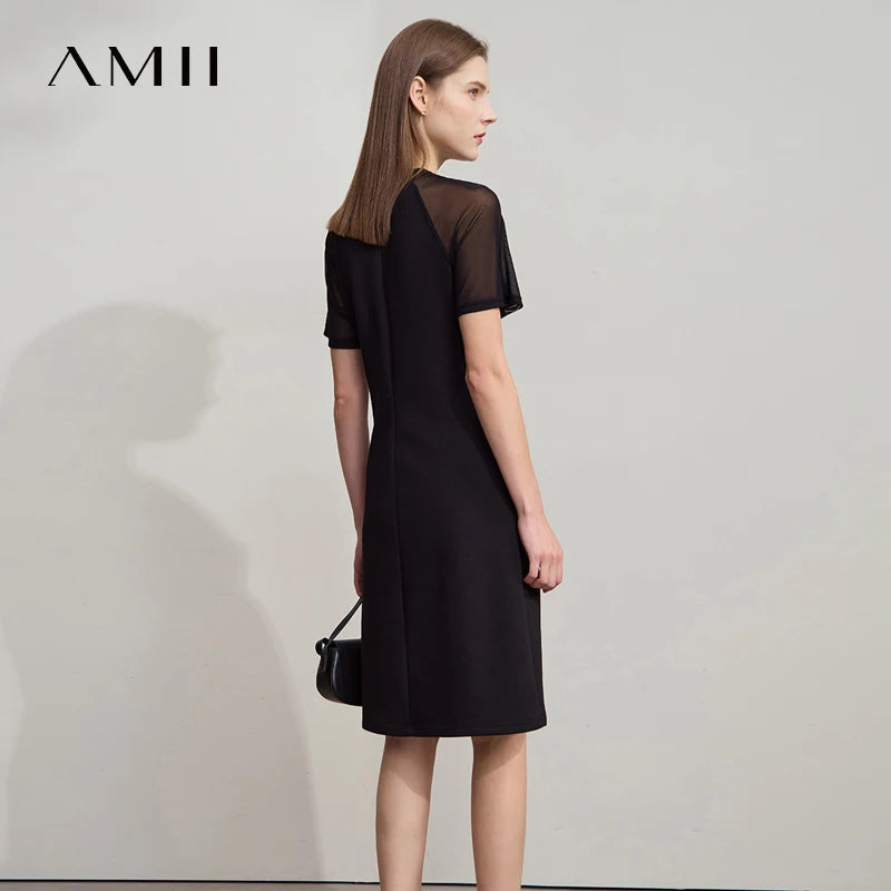 AMII Casual Slim Dress 2026 Summer Office Lady Elegant O Neck See Through Shoulder Sleeve Stretch Knitted Black Dresses 12542079