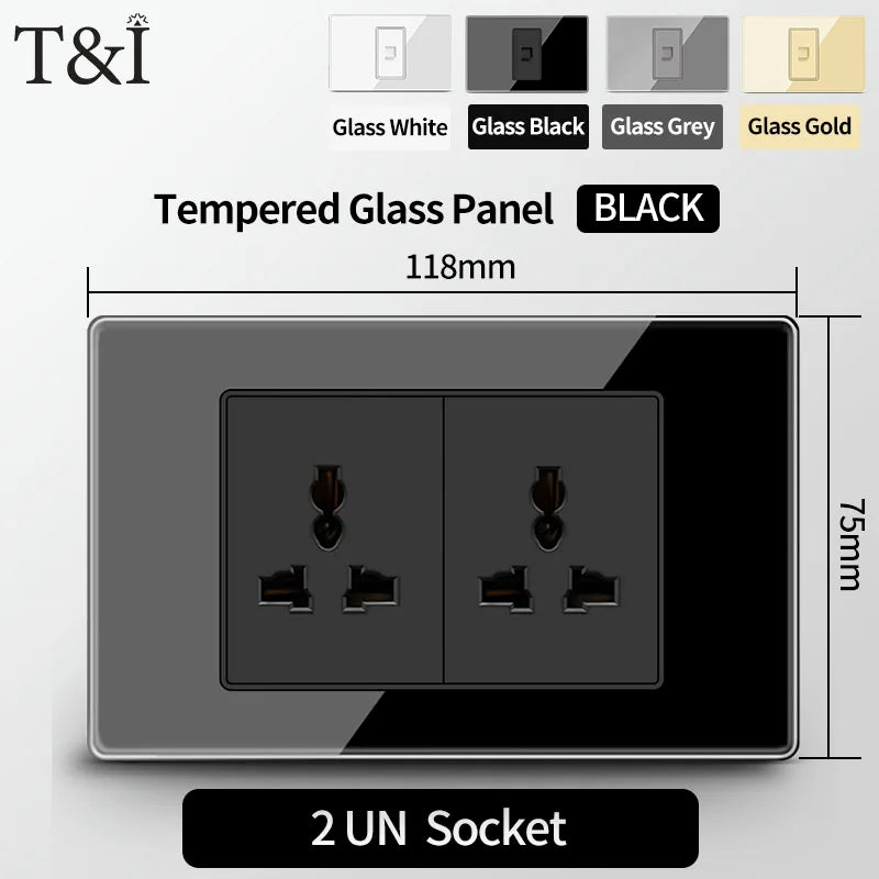 T&I Wall Switch Sockets With USB TypeC  Fast Charging, Italy Socket , Chile Schuko Outlet, Tempered Glass Panel for Home