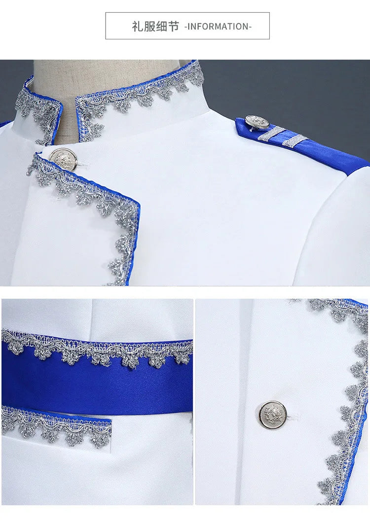 European-style Men's White Court-inspired Two-piece Suit, Suitable for Emcees, Stage Performances, and Prince-themed Costumes.